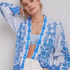 Anthropologie Blue and White Floral Kimono Cardigan boho